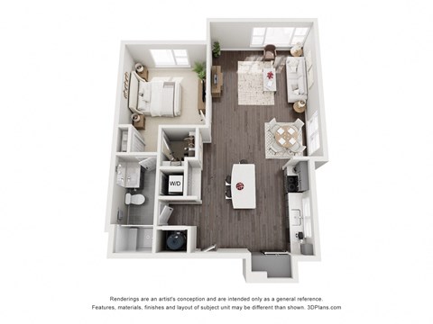 Floor plan for 1 bed, 1 bath, 938 sqft